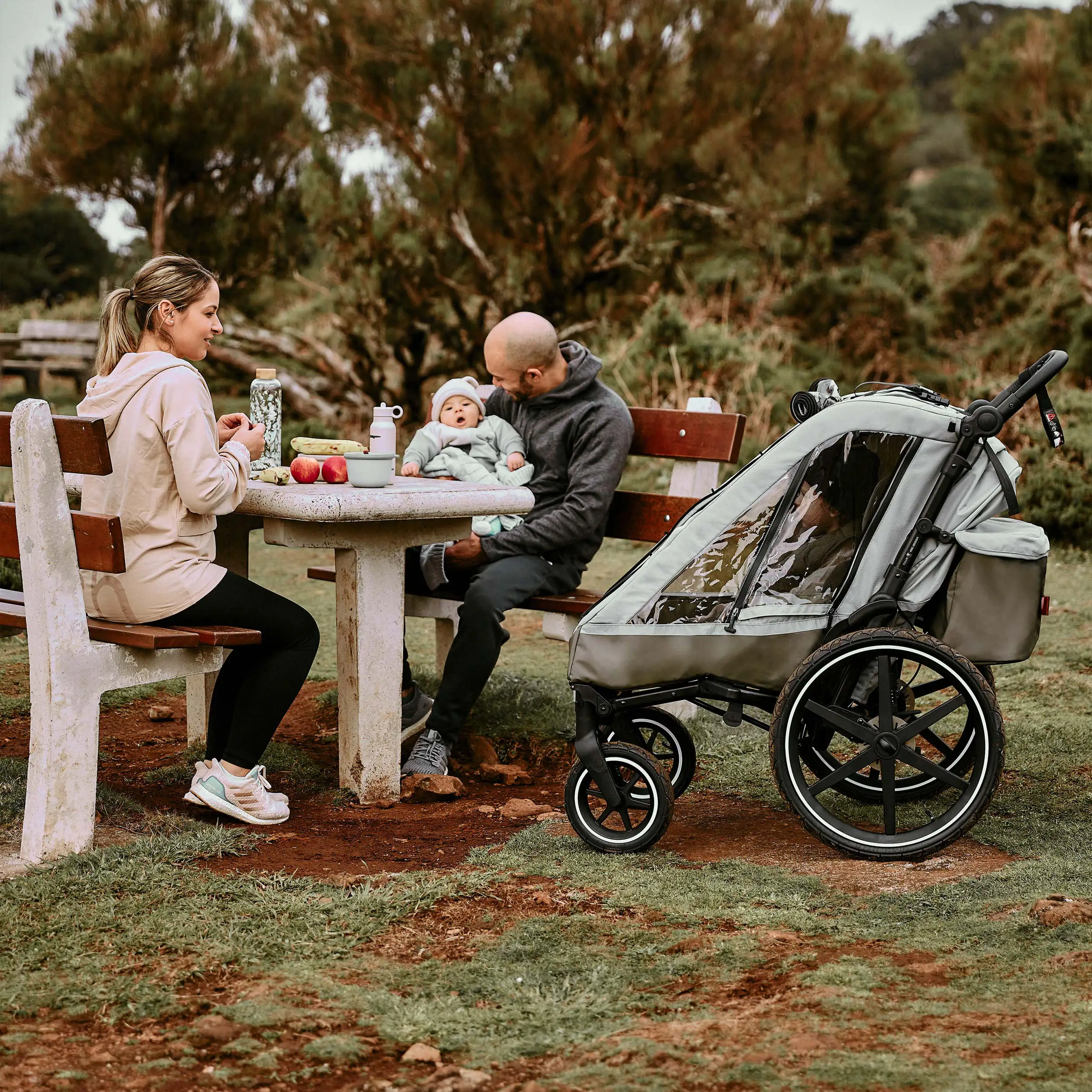Remolque para bicicleta Tour 2 con 2 cómodos asientos y ruedas neumáticas - Olive
