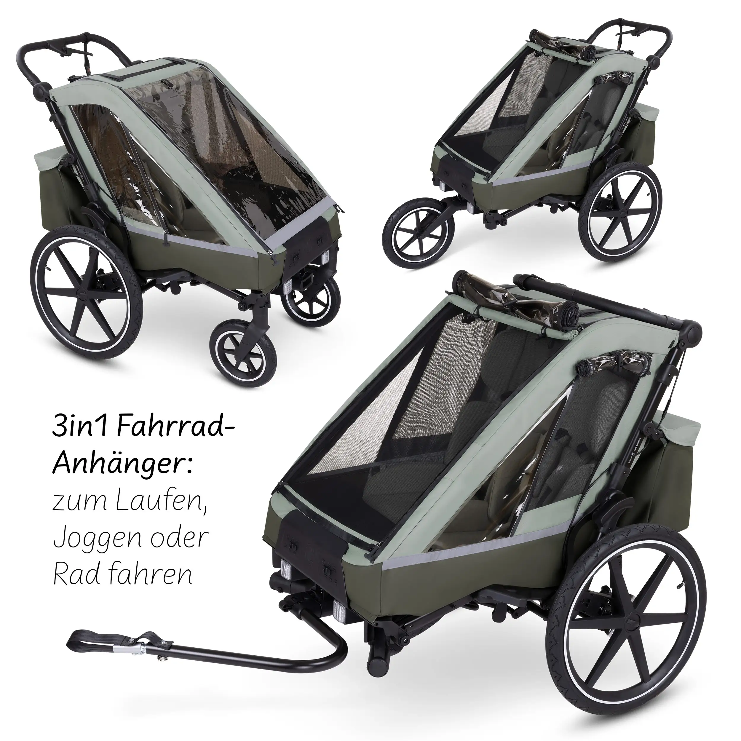 Remolque para bicicleta Tour 2 con 2 cómodos asientos y ruedas neumáticas - Olive