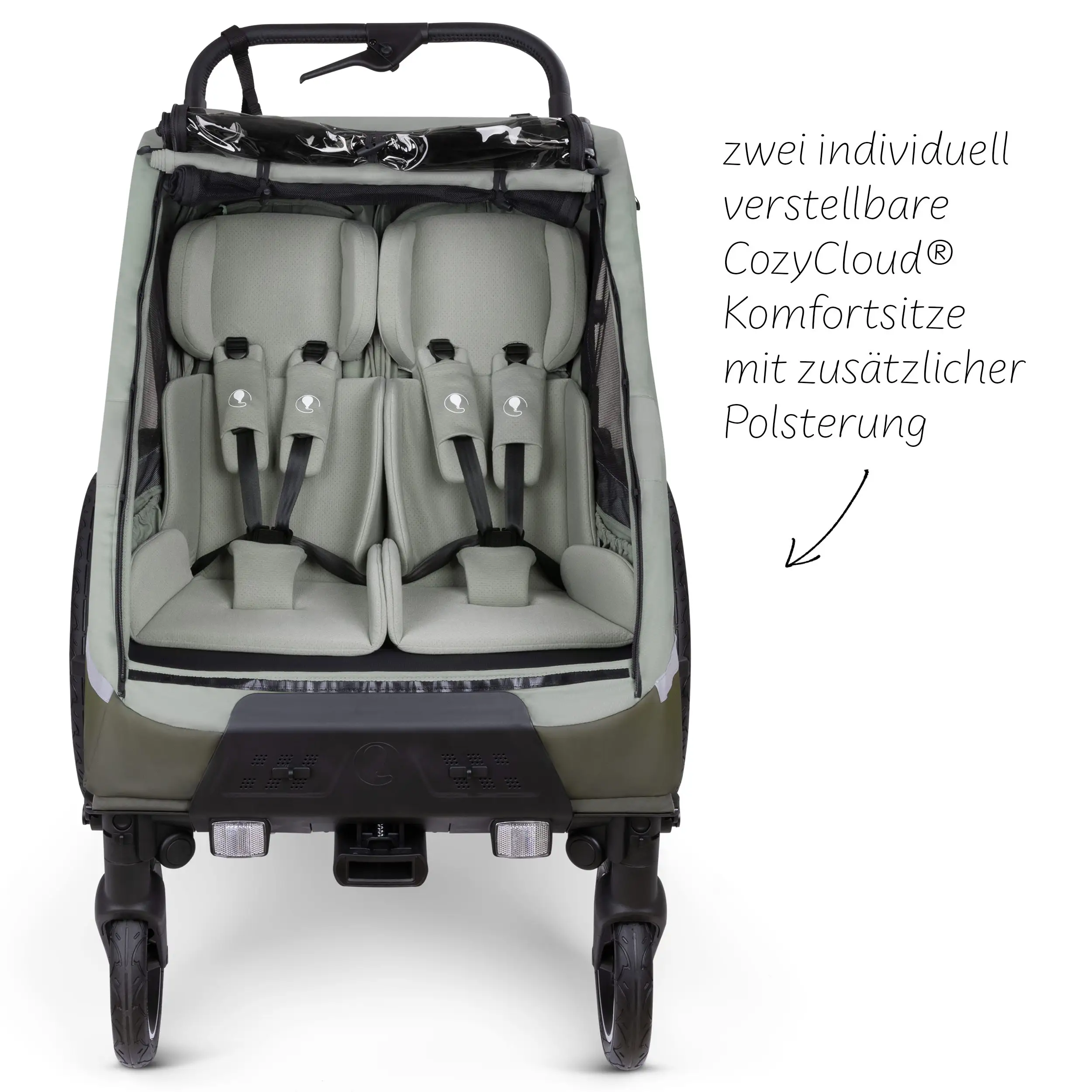 Remolque para bicicleta Tour 2 con 2 cómodos asientos y ruedas neumáticas - Olive