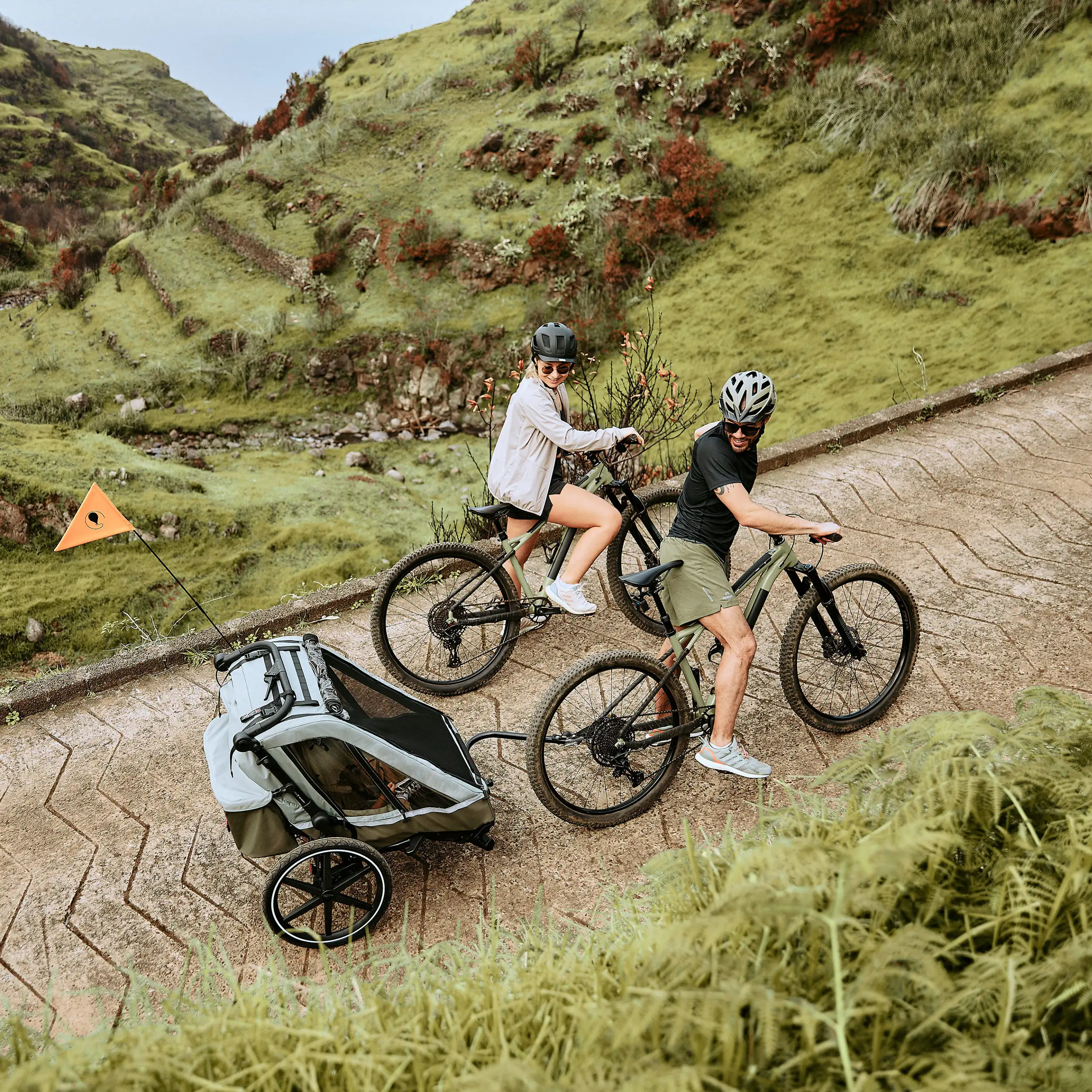 Remolque para bicicleta Tour 2 con 2 cómodos asientos y ruedas neumáticas - Olive