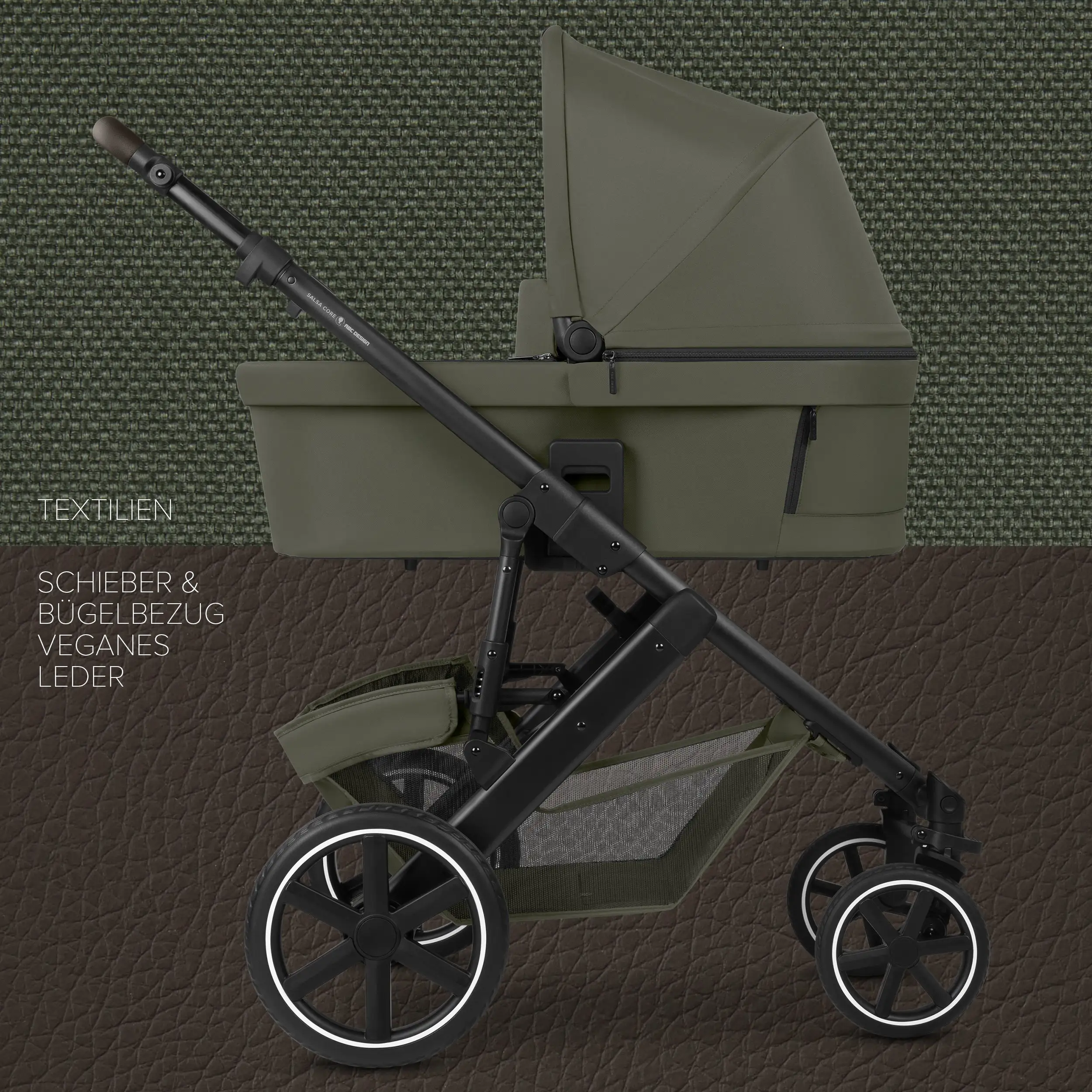 Set de cochecito 4en1 Salsa Core con silla de auto Calla reclinable y base ISOFIX Root - Olive