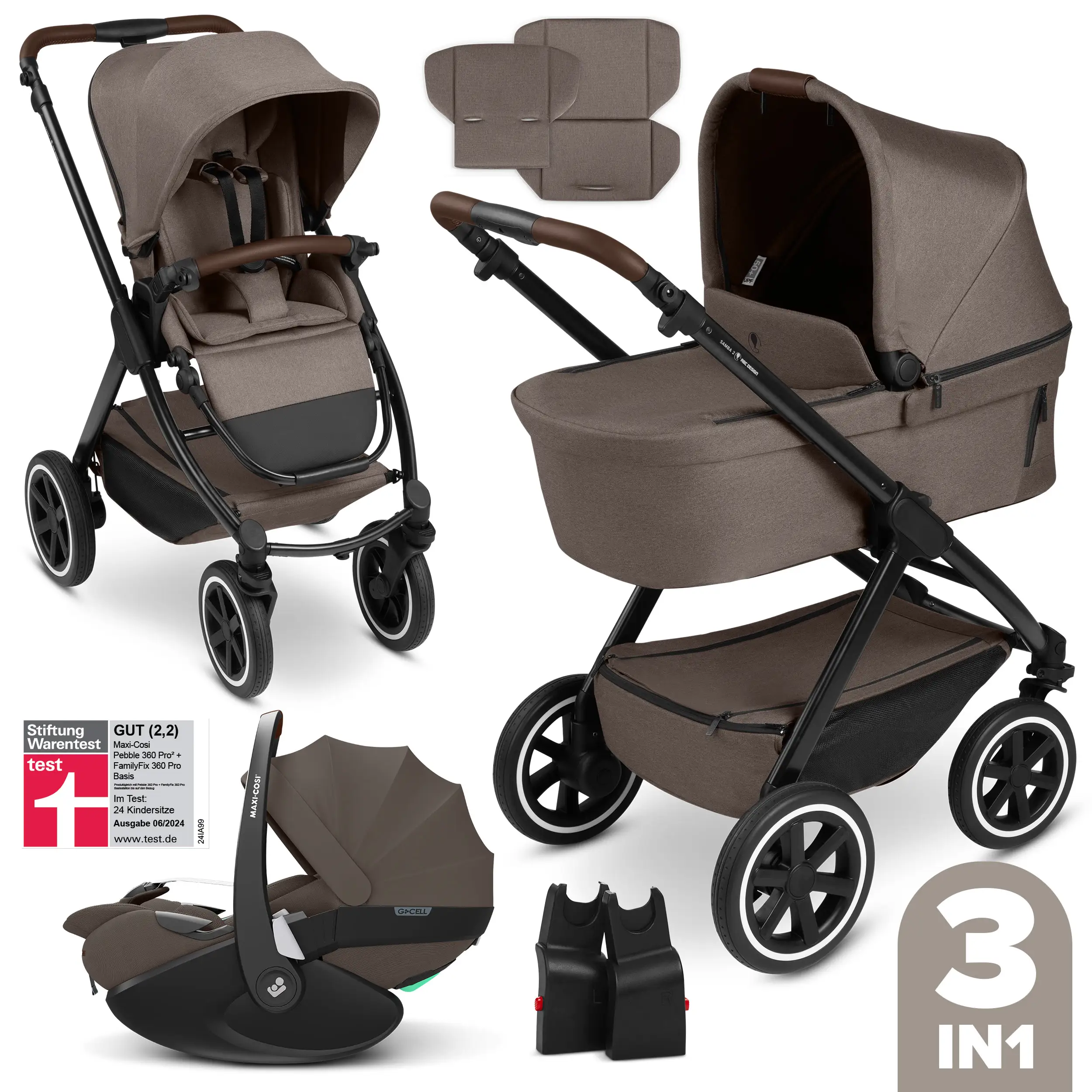 Set de cochecito 3en1 Samba 2 con silla de coche Maxi Cosi Pebble 360 Pro 2 - Nature