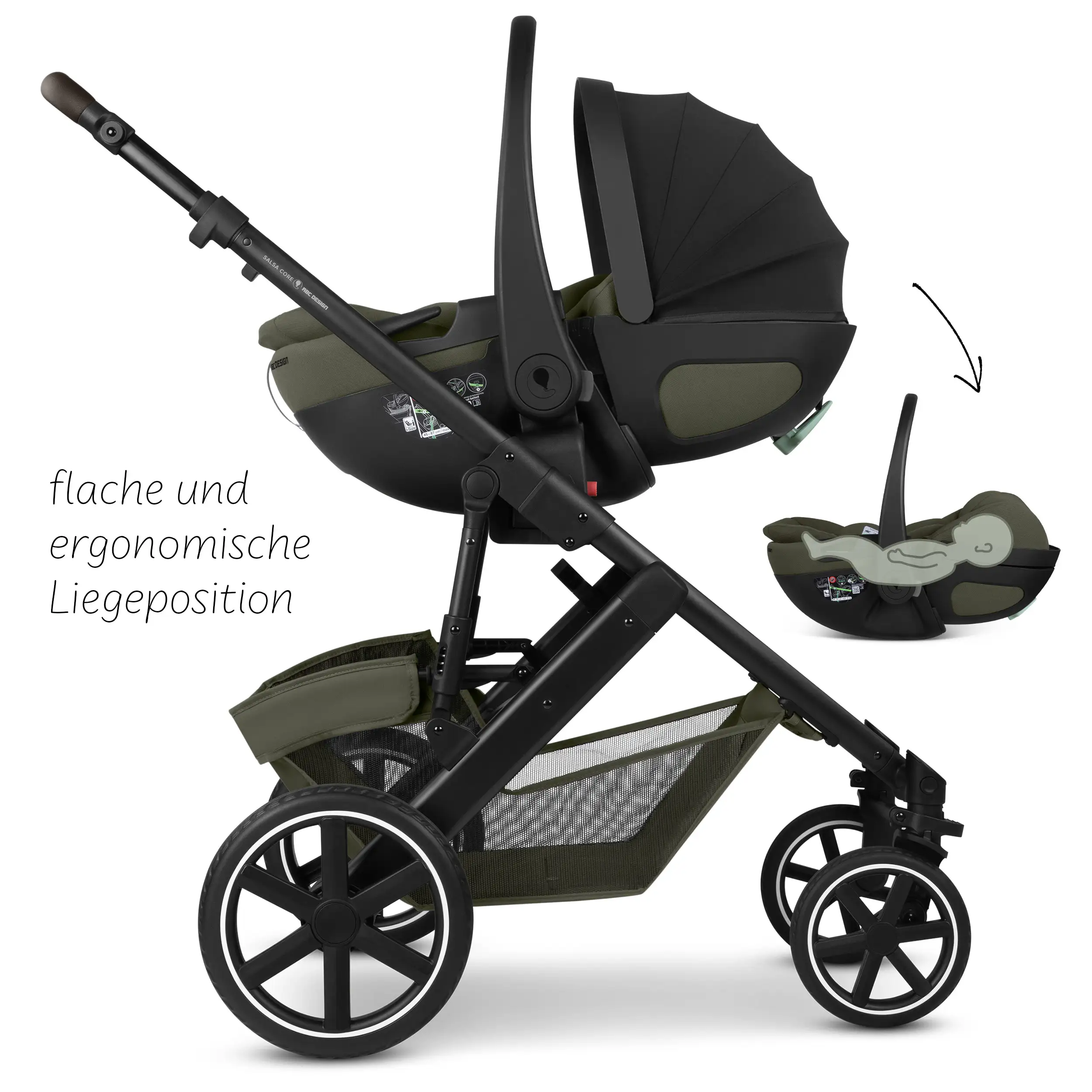Set de cochecito 4en1 Salsa Core con silla de auto Calla reclinable y base ISOFIX Root - Olive