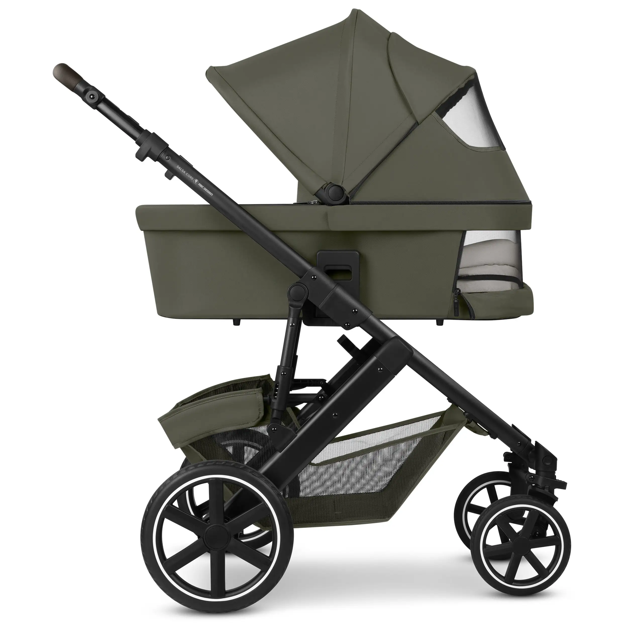 Set de cochecito 4en1 Salsa Core con silla de auto Calla reclinable y base ISOFIX Root - Olive