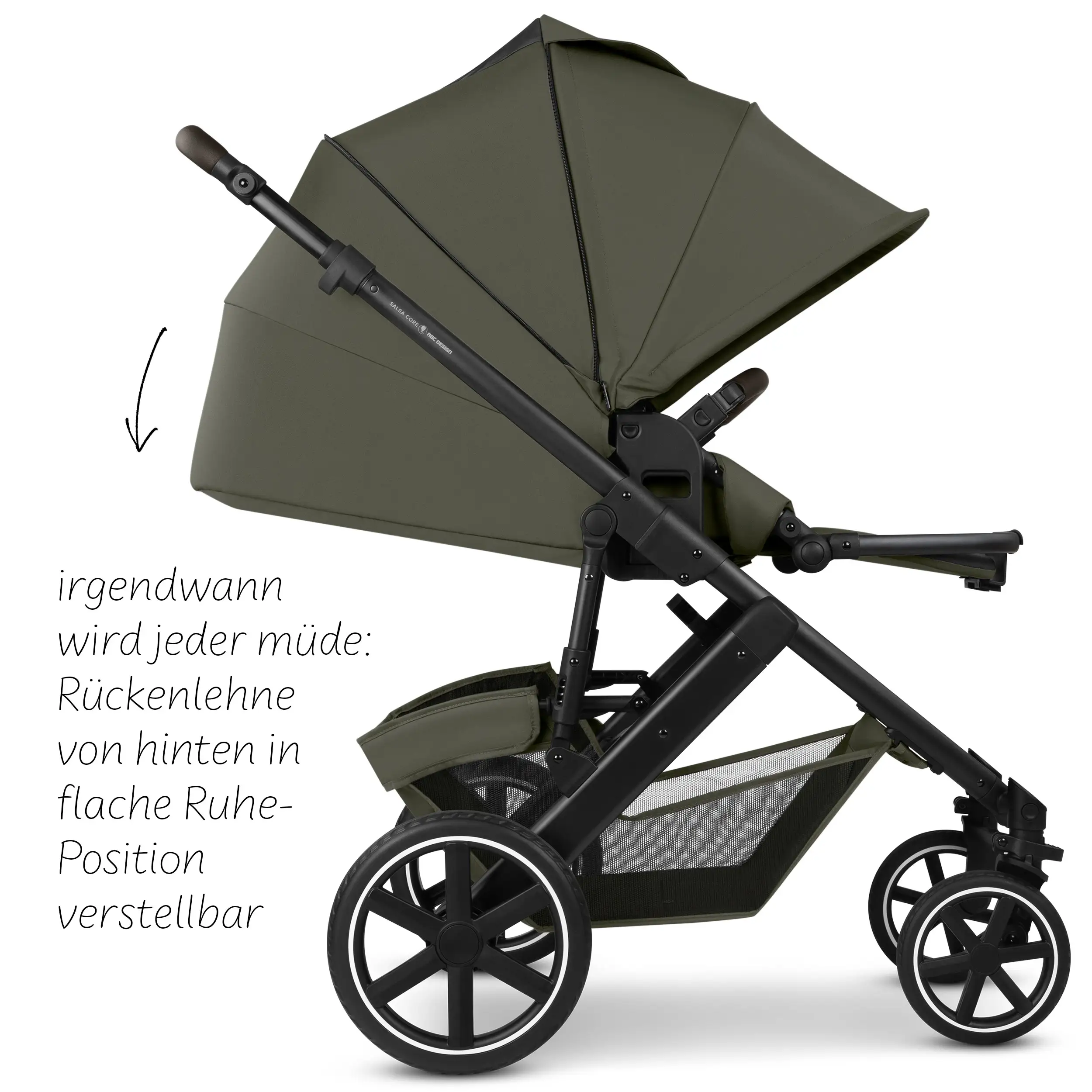 Set de cochecito 4en1 Salsa Core con silla de auto Calla reclinable y base ISOFIX Root - Olive