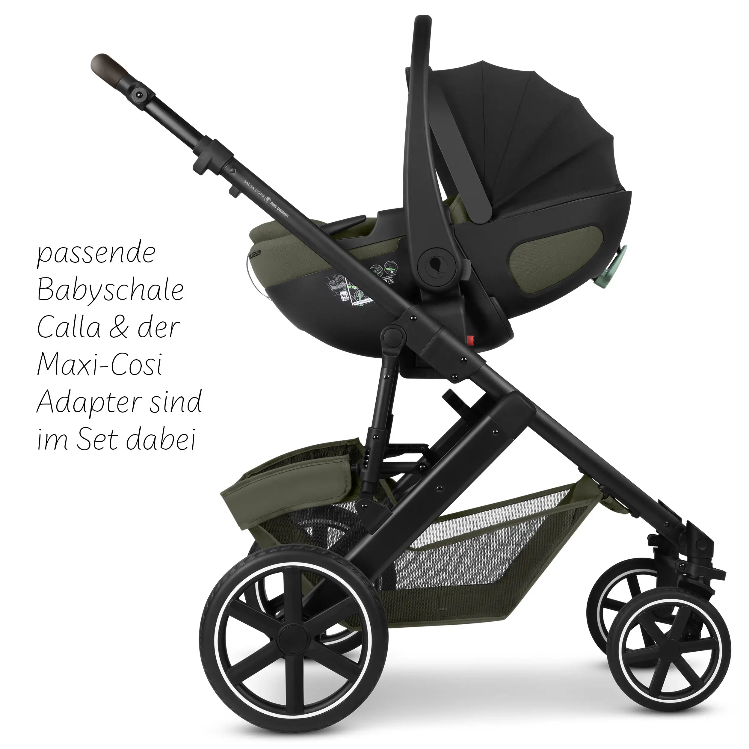 Set de cochecito 4en1 Salsa Core con silla de auto Calla reclinable y base ISOFIX Root - Olive