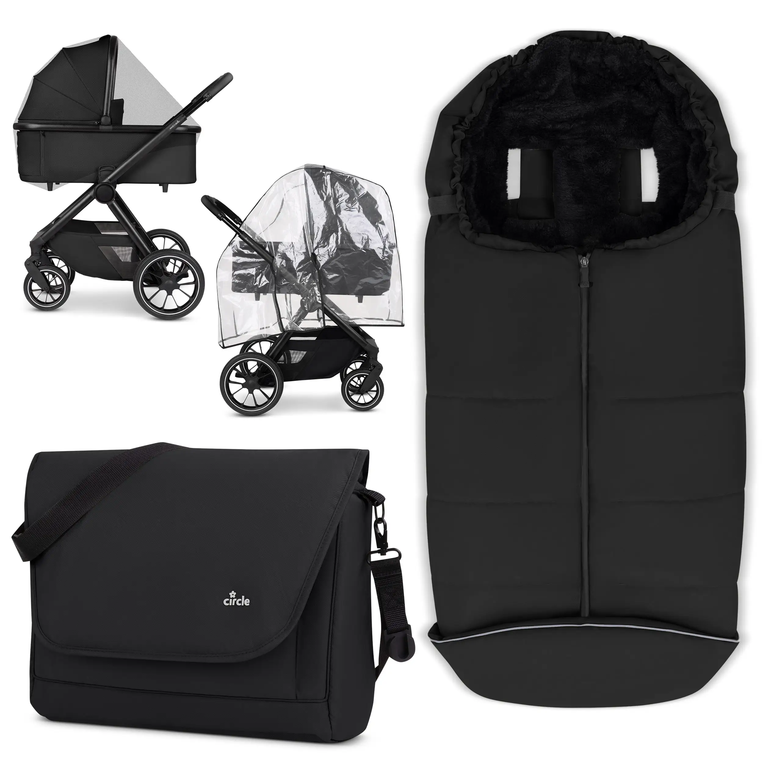 Set de accesorios para silla de paseo - bolso cambiador, cubrepiés de invierno, protector de lluvia y mosquitera - Black
