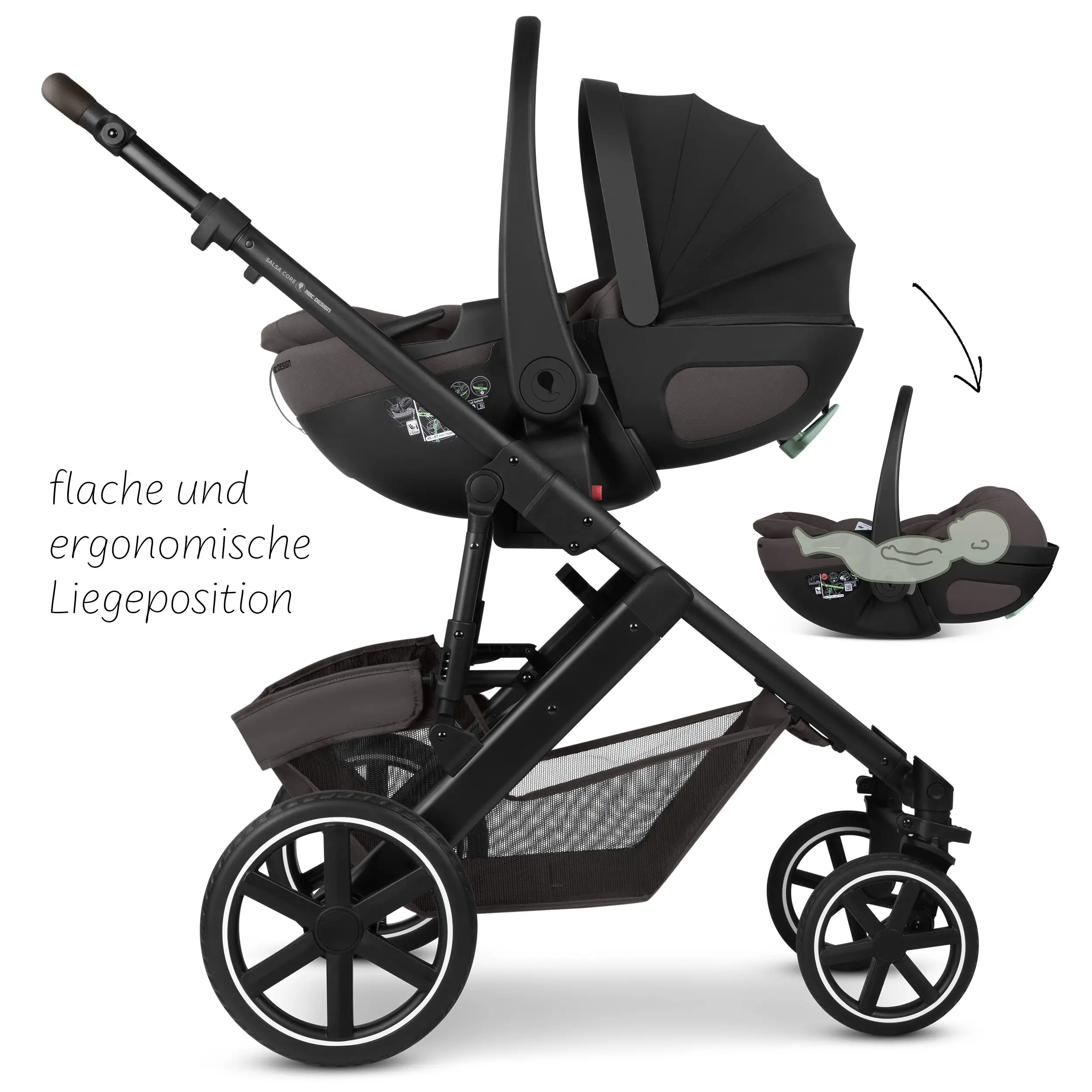 Set de cochecito 4en1 Salsa Core con silla de auto Calla reclinable y base ISOFIX Root - Falcon