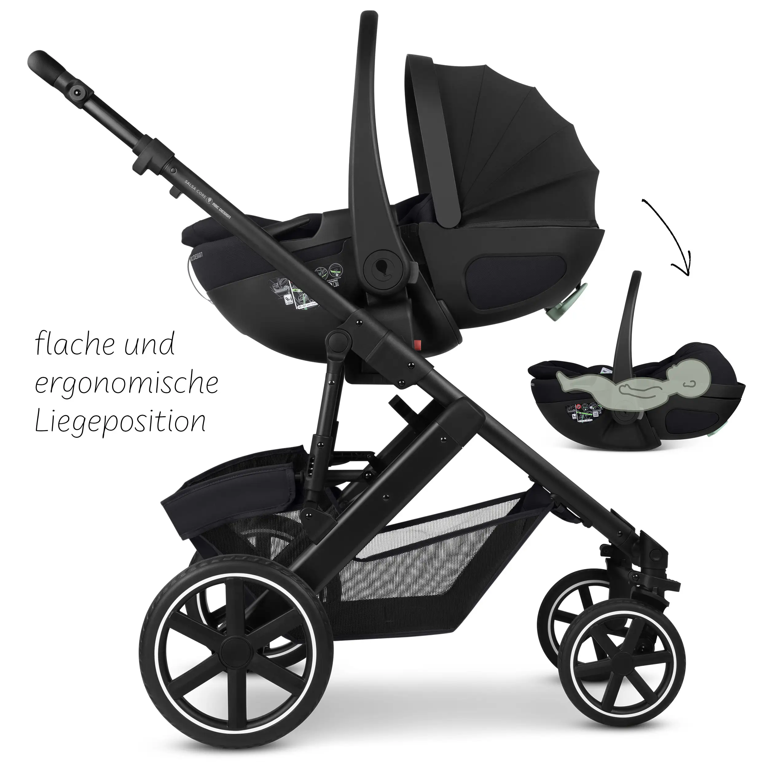 Set de cochecito 4en1 Salsa Core con silla de auto Calla reclinable y base ISOFIX Root - Ink