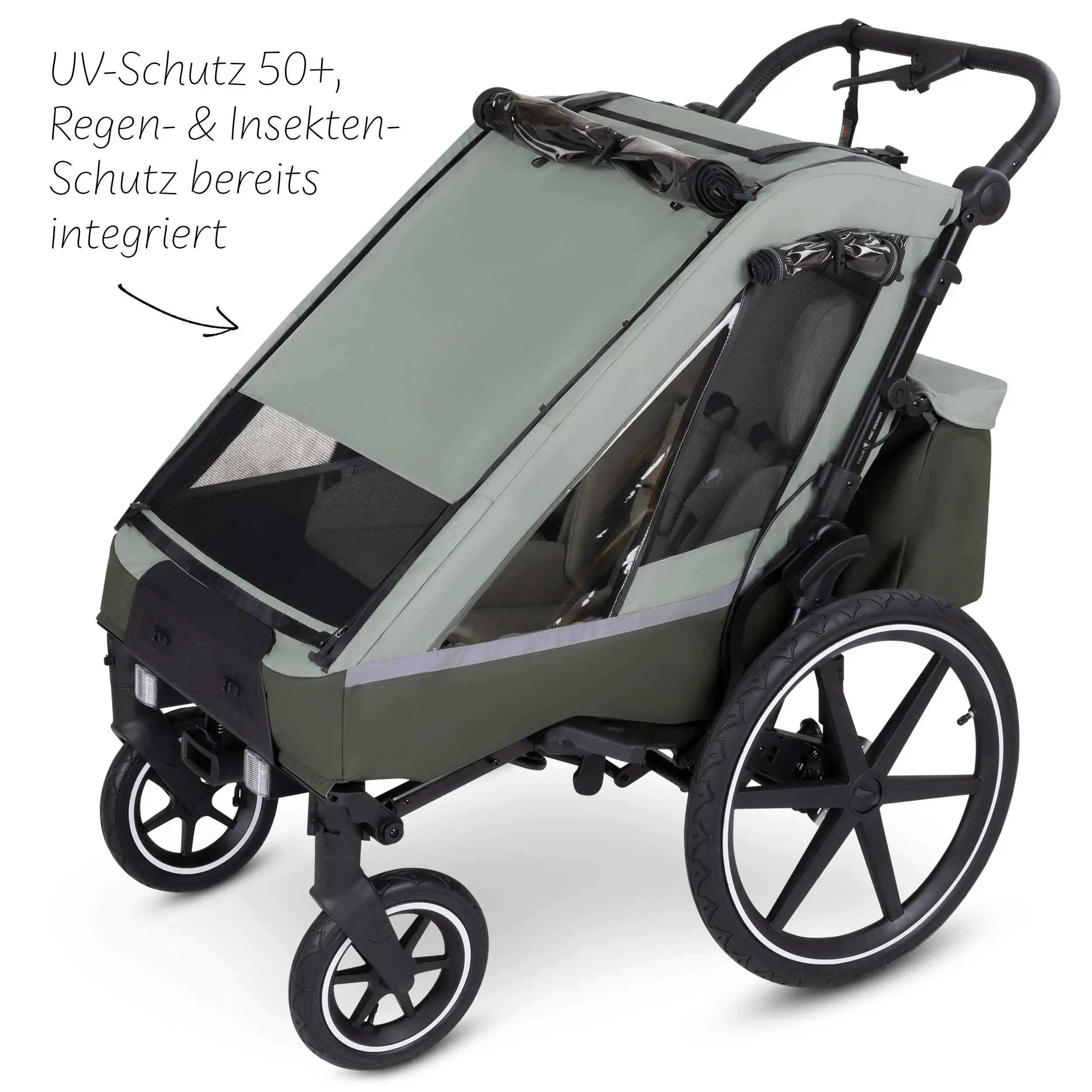 Remolque para bicicleta Tour 2 con 2 cómodos asientos y ruedas neumáticas - Olive