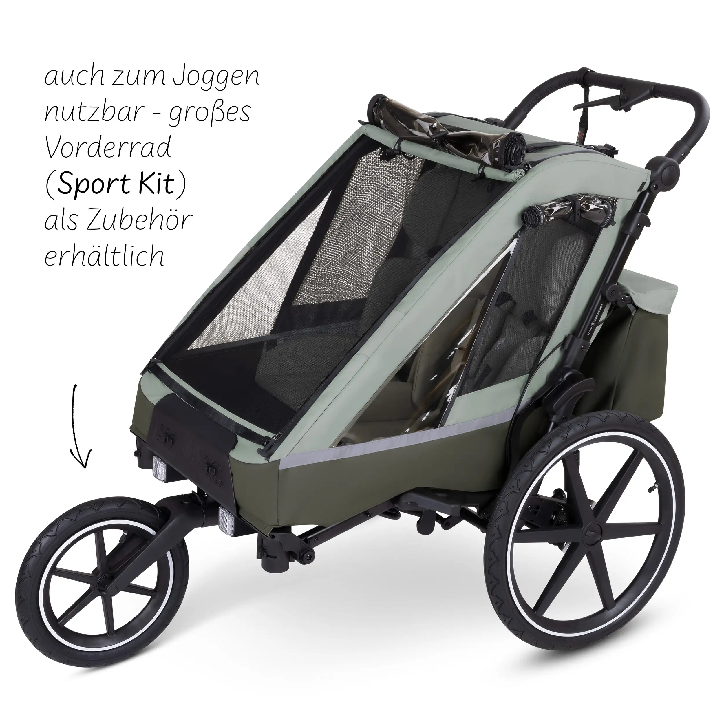 Remolque para bicicleta Tour 2 con 2 cómodos asientos y ruedas neumáticas - Olive